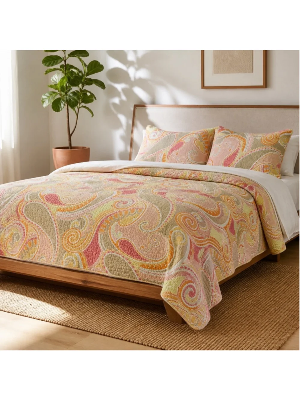 Cynthia Rowley Queen Quilt Set Vibrant Pink, Orange & Yellow Paisley Print Boho